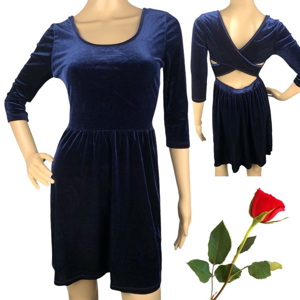 FOREVER 21 Retro Blue Velvet Skater Dress Balletcore Crisscross Cocktail Medium
